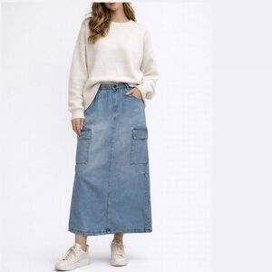 RE Generation by celebrity pink Denim cargo Maxi Skirt with Pockets